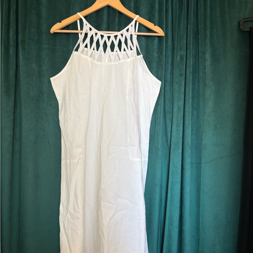 White Linen Sleeveless Dress with Lattice Neckline